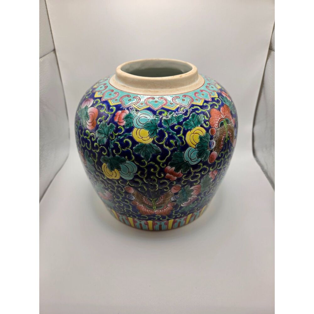 Vintage Chinese Ceramic Vase Blue Floral Butterfly Motif Multicolor Enamel Style - Picture 4 of 11